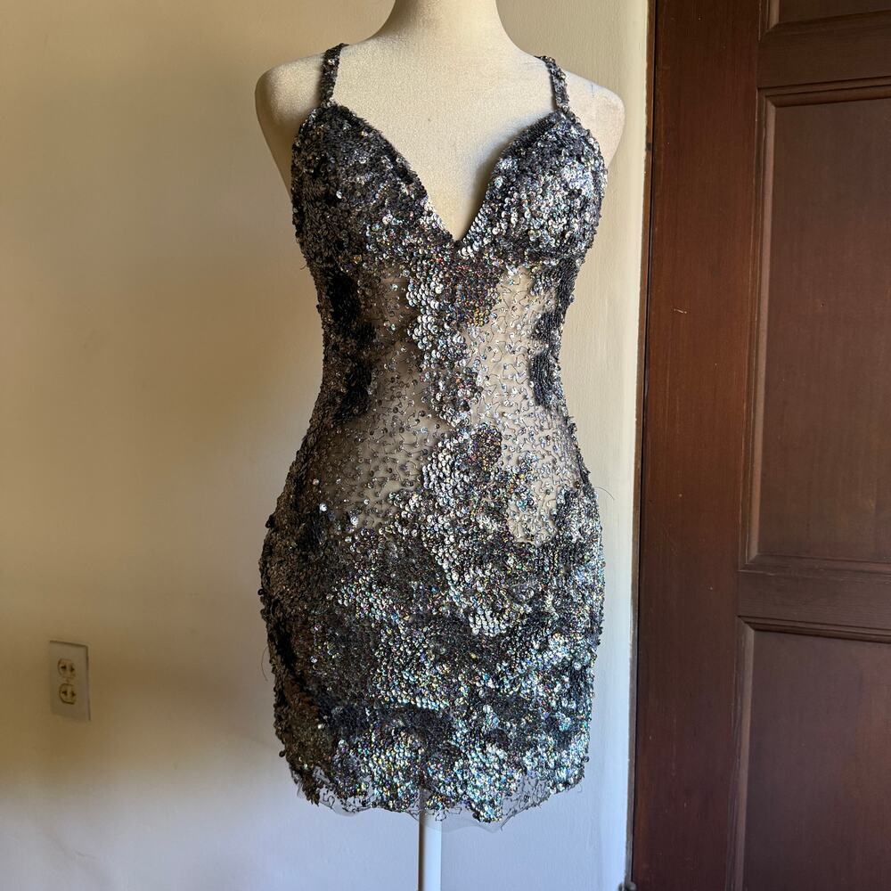 JOVANI | Gray Mesh Sequin and Rhinestone Naked Mini Dress with Cross Back Size 2